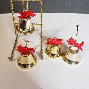 Set of 4 Vintage Gold Miniature Jingle Bells Christmas Tree Ornaments 1" Red Bow